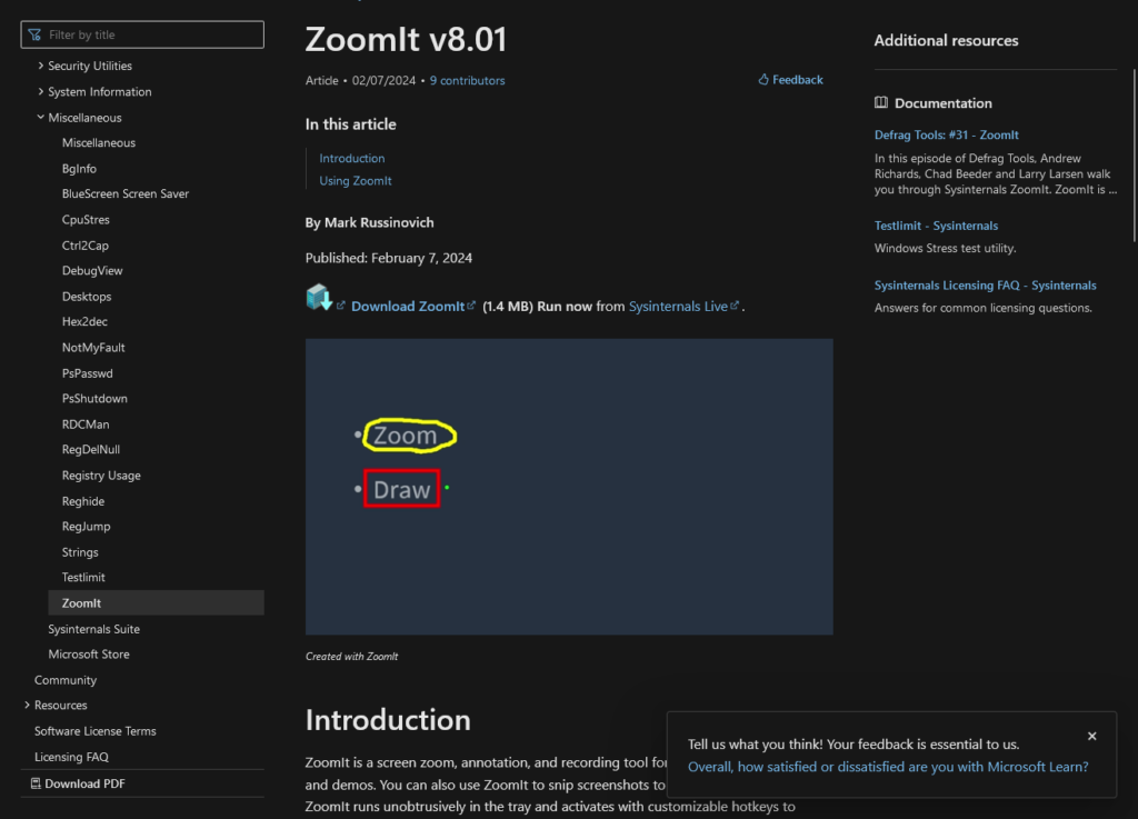 Screenshot of ZoomIt webpage in Microsoft website.