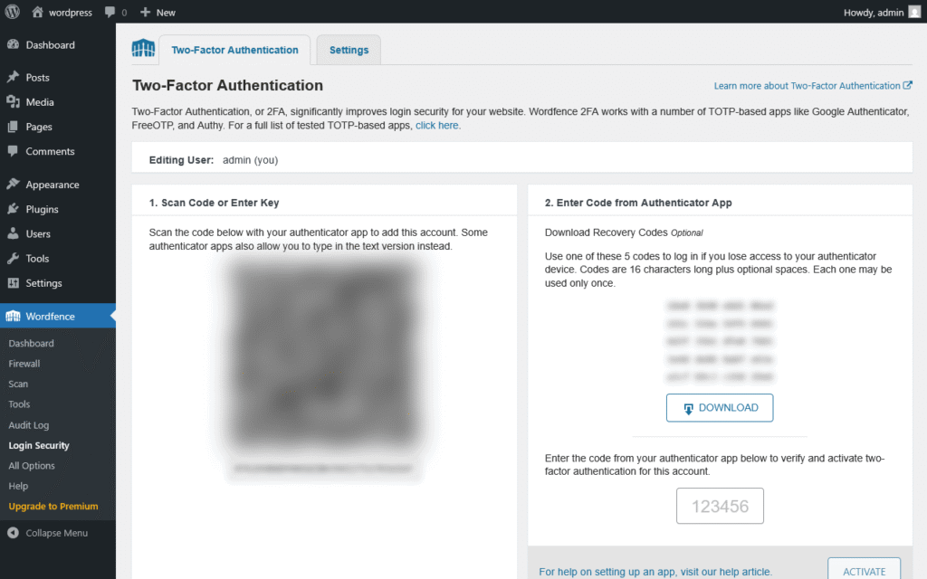 หน้า Login Security ของ WordFence